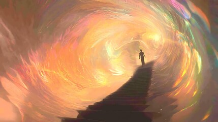 Wall Mural - A person is walking down a long, narrow path in a tunnel