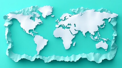 A three dimensional world map on a teal background