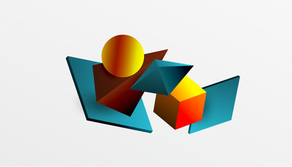 Poster - Abstract design showcasing isometric cubes, pyramids, squares, and spheres in a vibrant 3D layout. Modern and dynamic, perfect for tech, design, or futuristic themes