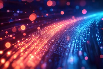 Poster - Abstract glowing fiber optic strands, red and blue. Perfect for technology, data, or network concepts.