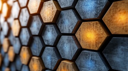 Wall Mural - Close-up of hexagonal metallic tiles with lighting effects