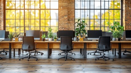Poster - Modern office interior with long wooden desks, computers, plants, and large windows.