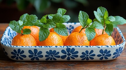 Fresh mandarins with mint, wooden table, garden background. Food photography for recipe blogs