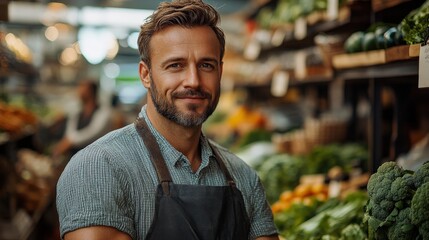 Sticker - Smiling vendor in a vibrant market showcasing fresh produce, creating a welcoming atmosphere