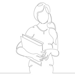 Wall Mural - Young woman girl student with study books notebook textbooks. One continuous drawing line, logo single hand drawn art doodle isolated minimal illustration.