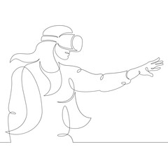 Poster - Young woman girl plays, works in virtual reality glasses. One continuous drawing line, logo single hand drawn art doodle isolated minimal illustration.