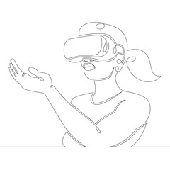 Poster - Young woman girl plays, works in virtual reality glasses. One continuous drawing line, logo single hand drawn art doodle isolated minimal illustration.