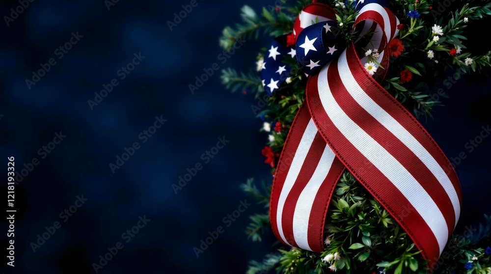 Veterans Day concept. green wreath decorated with American flag ribbon. copy space on dark blue background. Perfect for 4th of July, Independence Day, Memorial Day and other patriotic events.