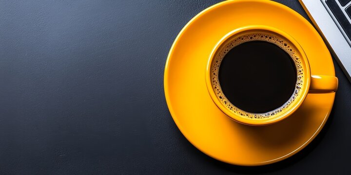 Overhead view of coffee cup on saucer near laptop.