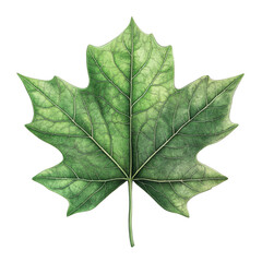 Poster - A meticulously rendered illustration showcases a single maple leaf with detailed veining and a rich green hue against a black background.