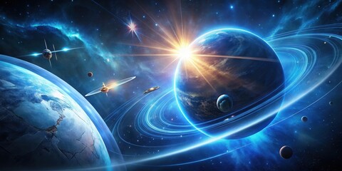 Wall Mural - a vibrant cosmic scene depicting a planetary system with a ringed planet, illuminated by a radiant s