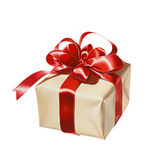 Poster - The image shows a digitally rendered beige gift box adorned with a large, bright red satin ribbon tied in a bow.