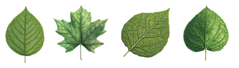 Poster - A detailed close-up image showcases four distinct green leaves, each exhibiting intricate venation against a black backdrop.