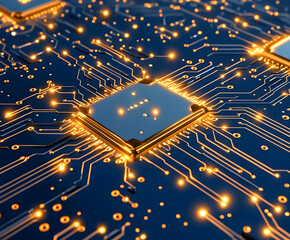 Poster - Close-up of a circuit board with glowing connections and a central processor chip