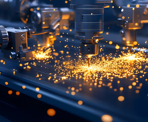 Aufkleber - Laser cutting process creating sparks on a dark surface in a modern factory setting
