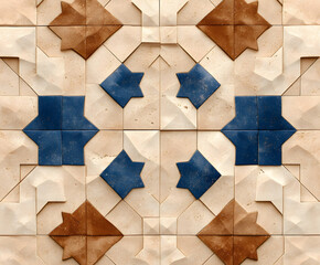 Poster - Geometric tile pattern featuring brown and blue shapes on a neutral background