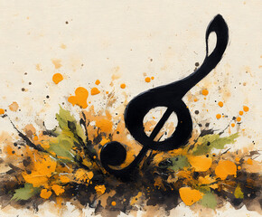 Poster - Musical note surrounded by colorful splashes and foliage in an artistic design