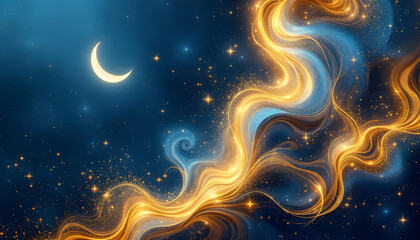 Wall Mural - celestial golden waves with crescent moon and stars