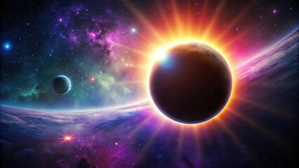 Wall Mural - celestial eclipse a glowing planet obscures a distant star, illuminated by cosmic rays and nebulae