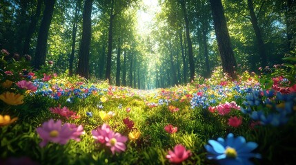 Wall Mural - Sunlit forest path, wildflowers, spring, nature, fantasy, idyllic scene, vibrant, peaceful