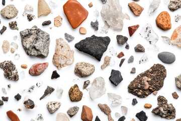 Poster - A diverse collection of stones and rocks showcased on a white background, highlighting the beauty and variety of natural minerals and geological formations.