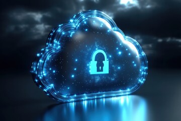 Aufkleber - A futuristic cloud symbol with a padlock, representing secure cloud computing and data protection amidst a dark, stormy background.