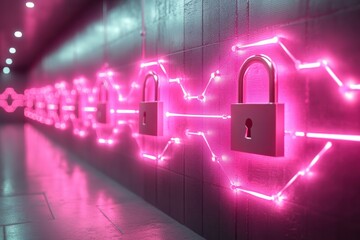Poster - A futuristic scene featuring glowing pink locks, representing digital security and protection in a modern technological environment.