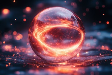 Poster - A glowing, futuristic orb radiates vibrant energy, floating above a reflective surface. Its mesmerizing patterns evoke a sense of technology and innovation.