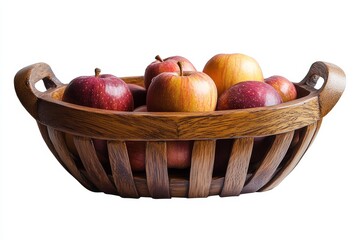 Poster - Wooden bowl filled with red and yellow apples on white background.