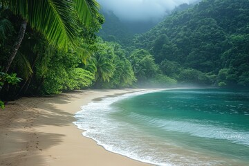 Poster - A serene beach scene surrounded by lush greenery and misty mountains, with gentle waves lapping at the shore under a tranquil sky.
