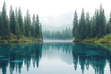 Poster - A serene lake surrounded by tall evergreen trees, reflecting the peaceful scenery and enveloped in a gentle mist, perfect for nature lovers and tranquility.