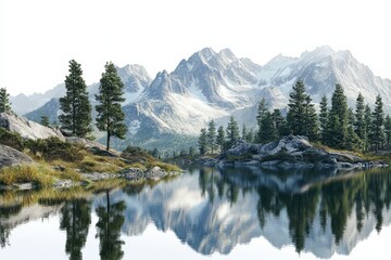 Poster - A serene landscape featuring majestic mountains reflected in a tranquil lake, surrounded by lush greenery and evergreen trees under a clear sky.