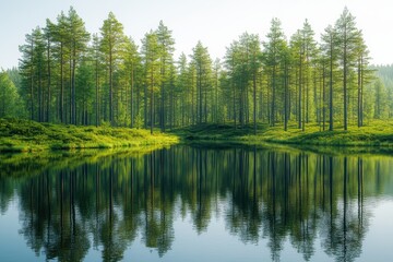 Poster - A tranquil scene of lush trees reflecting in a calm lake, surrounded by vibrant greenery. Perfect for conveying peace, nature and serenity in images.