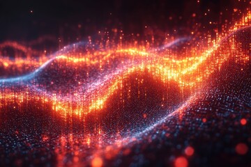 Poster - A vibrant abstract representation of digital data flow, showcasing luminous waves of red and blue lights against a dark background.