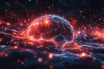 Poster - A vibrant illustration of a brain surrounded by glowing particles, symbolizing thought, creativity, and the power of the human mind in a digital environment.