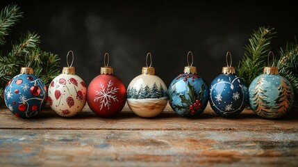 Wall Mural - Festive christmas ornament display rustic wooden table decorative art cozy atmosphere close-up view holiday spirit