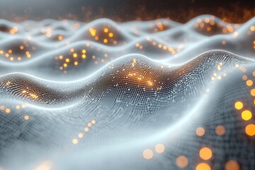Poster - A visually stunning digital landscape featuring glowing waves and light particles. Perfect for tech, innovation, or abstract backgrounds.