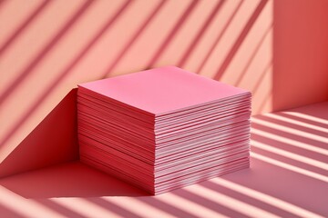 Poster - Stack of vibrant pink sheets against a soft pastel pink backdrop, creating a visually striking composition with diagonal shadows for creative projects or branding concepts.