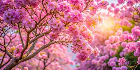 Wall Mural - Tabebuia rosea in full bloom against a warm sun background, pink purple flowers blooming in abundance, nature photography