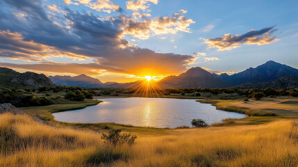 Sticker - stunning sunset over serene lake, surrounded by mountains and golden grass