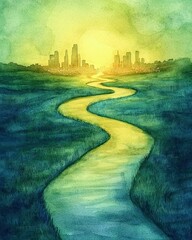 Wall Mural - Dream goal and plan strategy journey concepts, Serene Watercolor Landscape of a Pathway Leading to a City at Sunrise in Soft Green Tones
