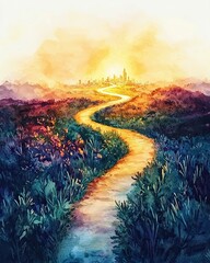 Wall Mural - Dream goal and plan strategy journey concepts, Serene Sunset Over a Winding Path to a Vibrant Urban Landscape in Watercolor Style