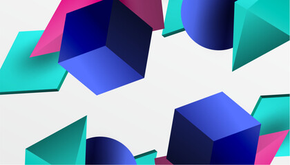 Aufkleber - Abstract design showcasing isometric cubes, pyramids, squares, and spheres in a vibrant 3D layout. Modern and dynamic, perfect for tech, design, or futuristic themes