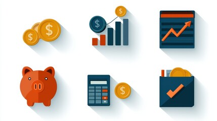Poster - Maximize your savings a set of six financial planning icons featuring a piggy bank and bar graphs for personal finance strategies in a digital environment