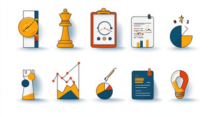 Poster - Strategic planning overview using business icons chess pieces clipboards and bar graphs for effective decision-making