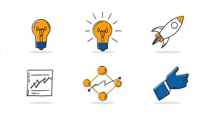 Poster - Showcasing innovation icons lightbulb gear atom and rocket in a dynamic business environment for creative inspiration