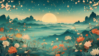 Wall Mural - Lotus Flowers Under the Moon