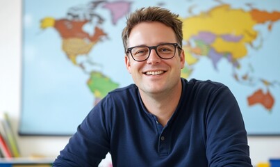 smiling teacher, classroom, world map, education