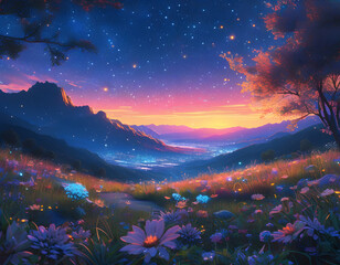 Poster - Night Sky and Flower Field