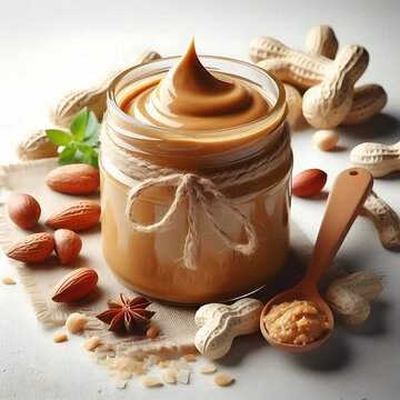 Jar of peanut butter on a white backgrounde